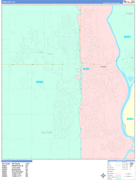 Yuba City City Wall Map Color Cast Style